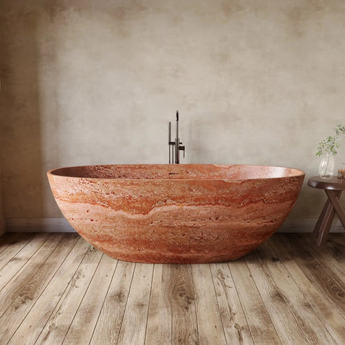 1.8m Red Travertine Bathtub, Thin-Rim Oval Soaking Tub for Two, Heat-Retaining & Easy-Clean Freestanding Bath for Hotel & Villa